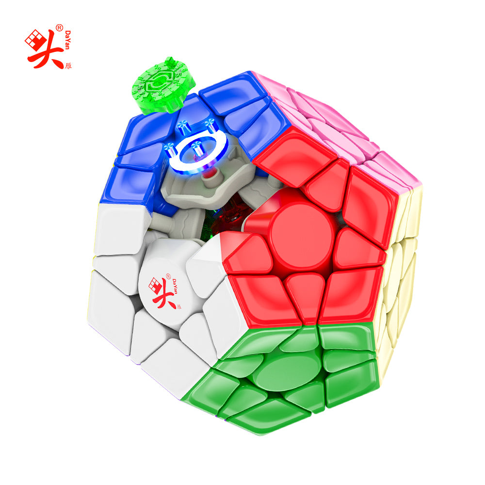A 3D-printed multi-colored puzzle cube on a solid white background, featuring a red, blue, green, and white color scheme with a glowing blue center ring.